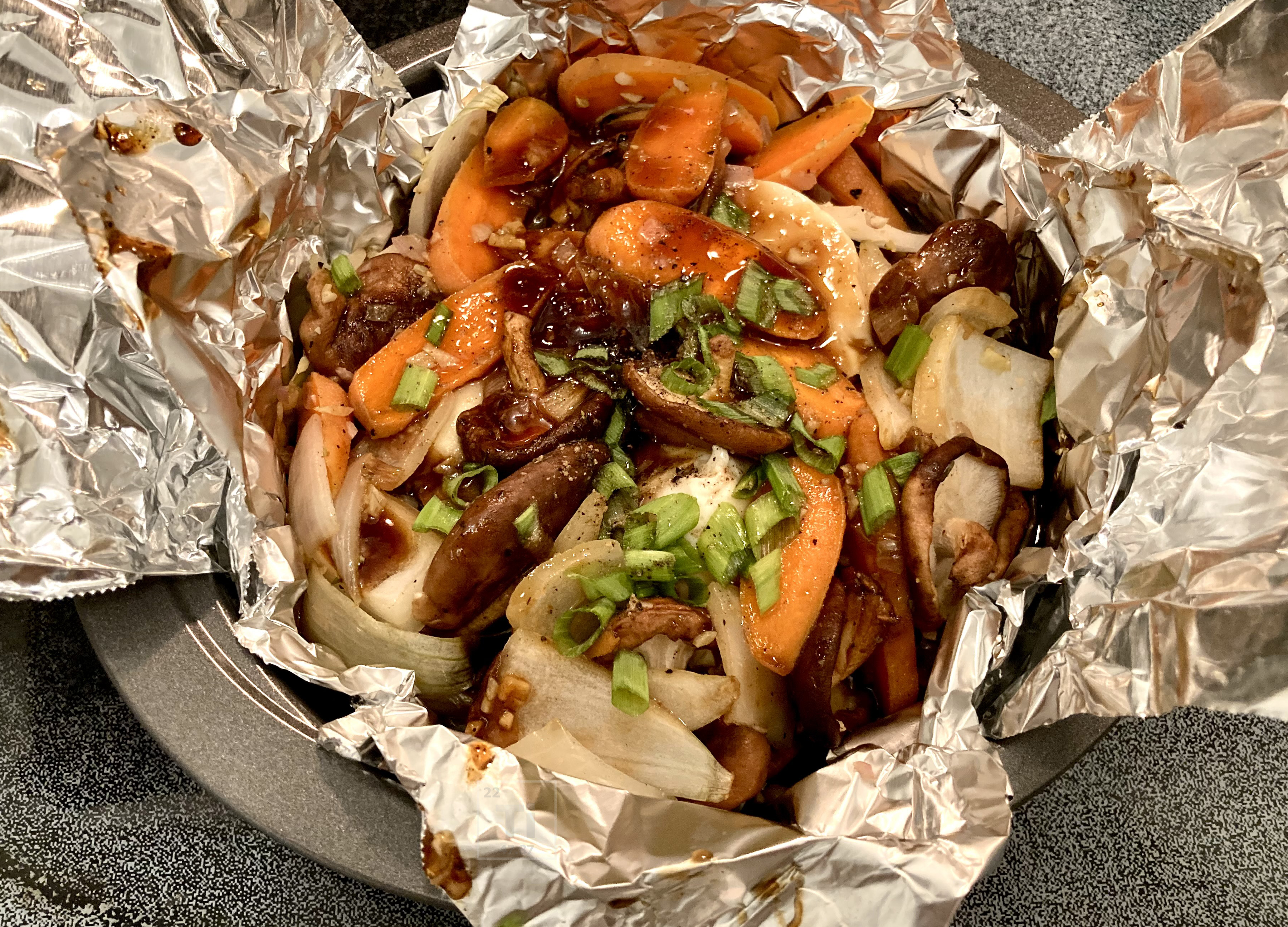 Baked tofu and mushrooms in the foil