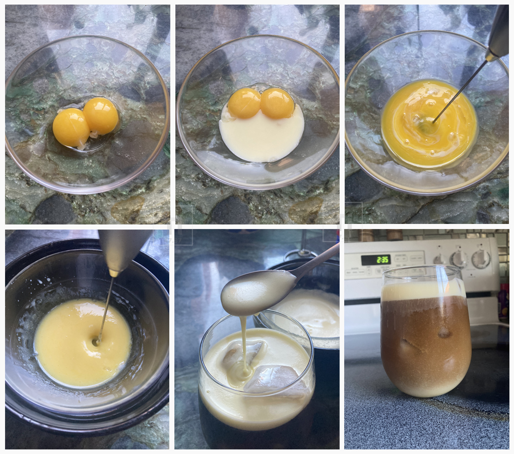 Preparation of Vietnamese egg coffee from egg yolks and condensed milk, froth till foamy